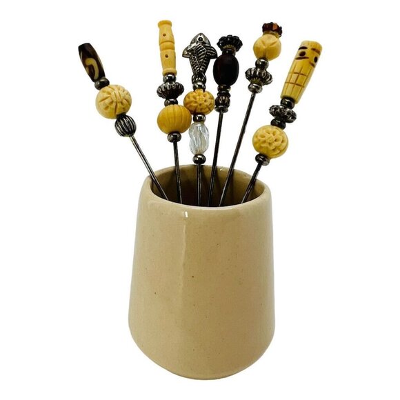 Cocktail Hors d’oeuvre Forks in Ceramic Holder Set of 7 Carved Silver Beige - Picture 1 of 9